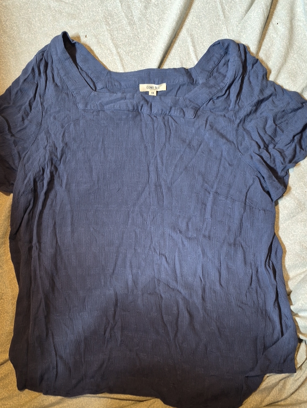 Square Neck Navy Short Sleeve Blouse - Women's